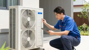 Professional HVAC technician performing a summer AC maintenance check on an outdoor cooling unit.