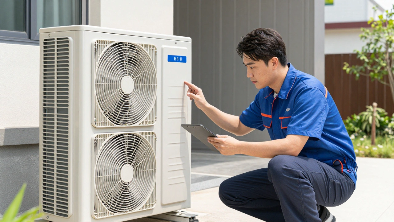 Professional HVAC technician performing a summer AC maintenance check on an outdoor cooling unit.