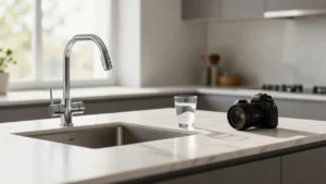 Modern chrome kitchen faucet over a clean sink with a glass of fresh water, showing healthy residential plumbing.