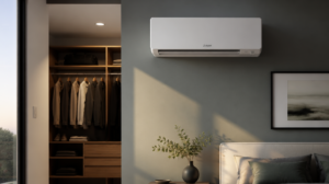 High-efficiency ductless mini-split air conditioner unit mounted on a modern accent wall for zoned home cooling.
