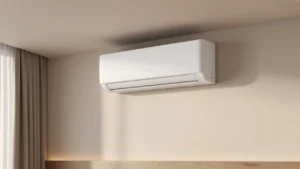 High-efficiency ductless mini-split air conditioner unit mounted on a modern accent wall for zoned home cooling.