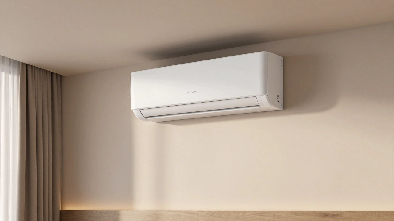 High-efficiency ductless mini-split air conditioner unit mounted on a modern accent wall for zoned home cooling.