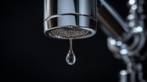 A macro professional photograph focusing on a single water drop falling from a pristine, polished modern bathroom pipe fitting.