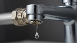 A macro professional photograph focusing on a single water drop falling from a pristine, polished modern bathroom pipe fitting.