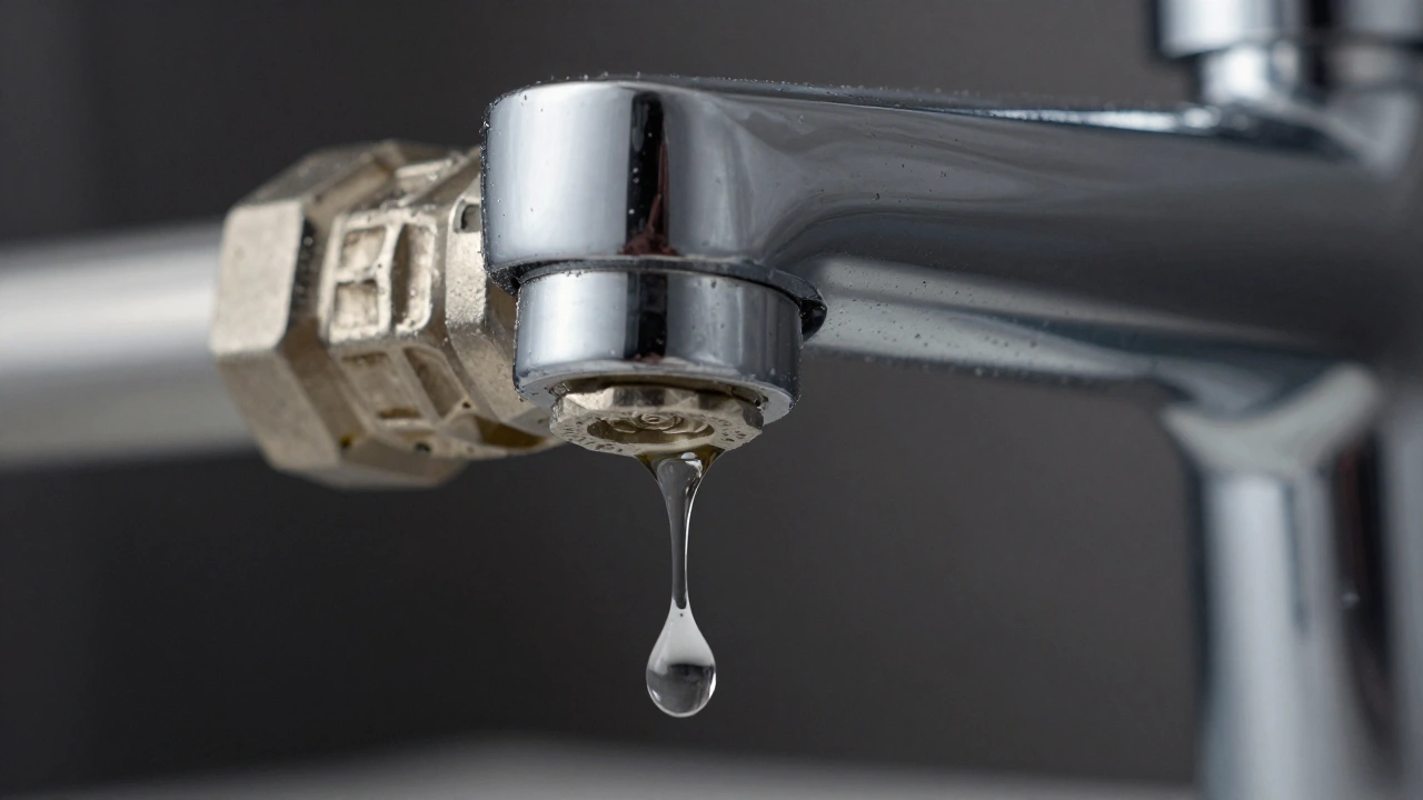 A macro professional photograph focusing on a single water drop falling from a pristine, polished modern bathroom pipe fitting.