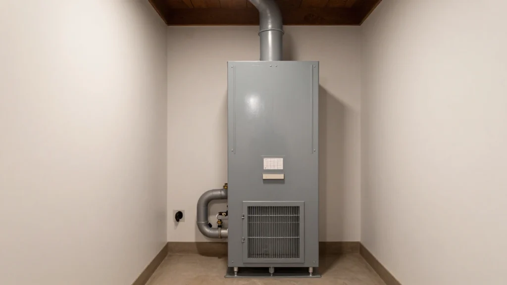 A modern high-efficiency home heating furnace system neatly installed in a clean residential utility basement.