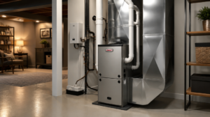 A modern high-efficiency home heating furnace system neatly installed in a clean residential utility basement.