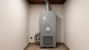 A modern high-efficiency home heating furnace system neatly installed in a clean residential utility basement.