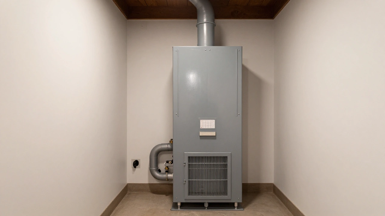 A modern high-efficiency home heating furnace system neatly installed in a clean residential utility basement.